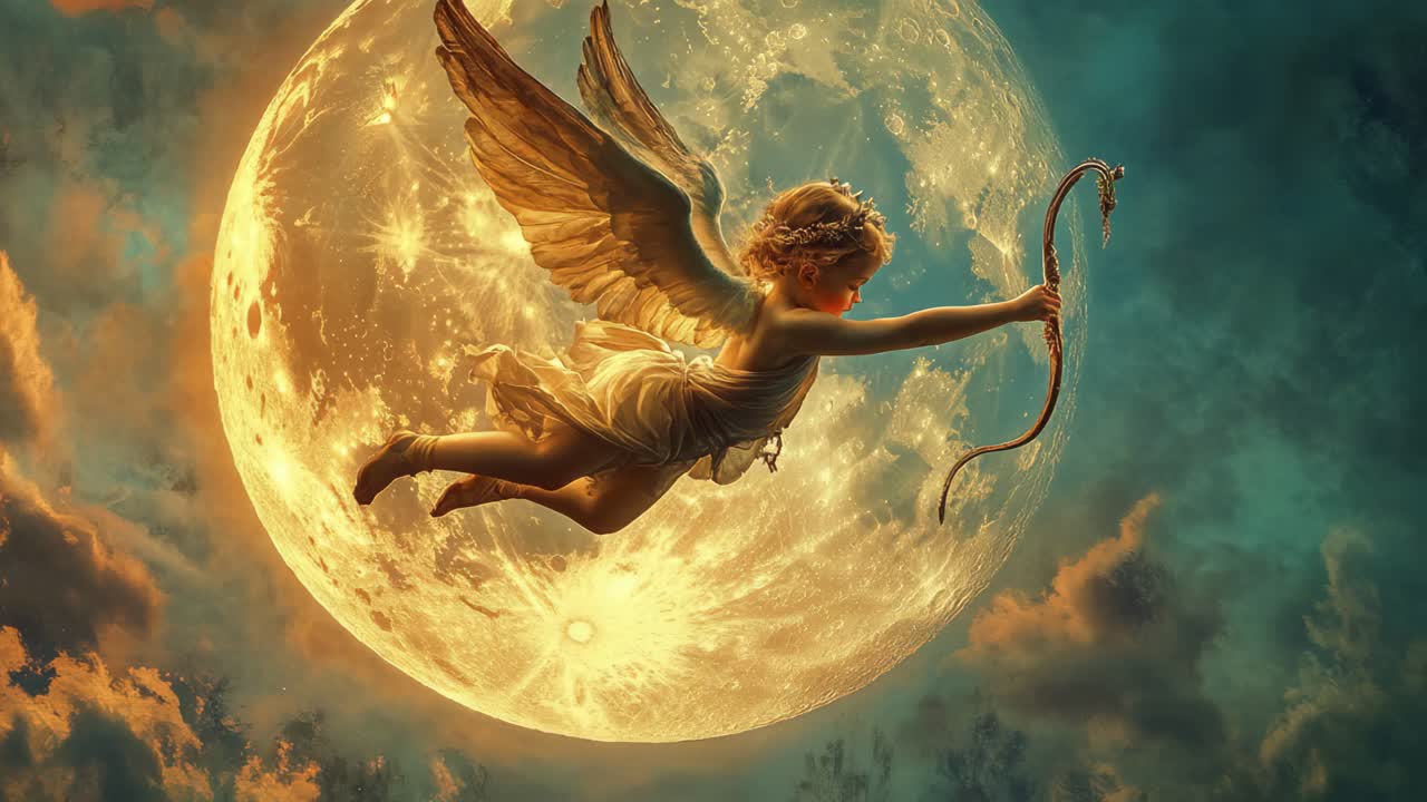 Angelo Cupido in volo vicino alla Luna
