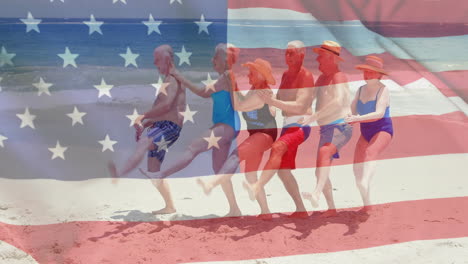 animation of flag of usa over caucasian senior friends on beach in summer