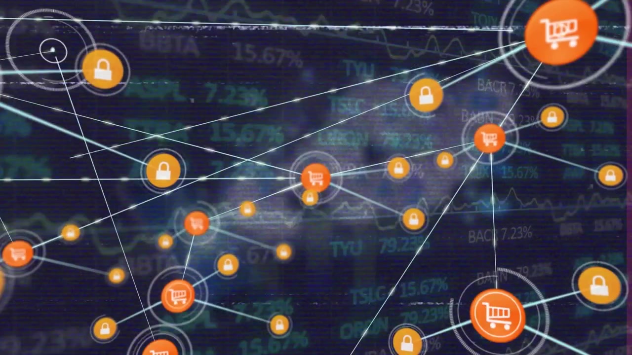 Animazione di una rete di connessioni con icone su elaborazione dati e interferenza.