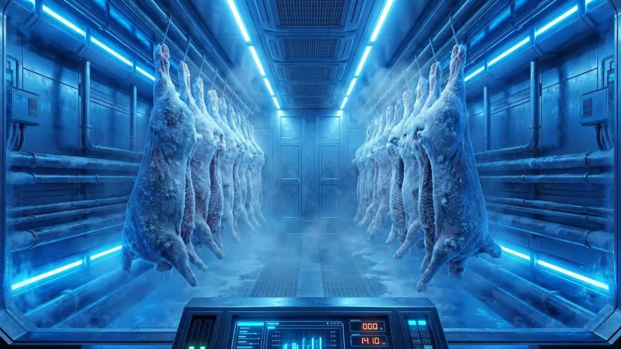 Meat Hanging in Industrial Cold Storage