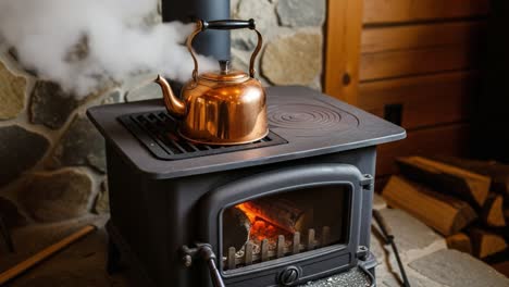 a cozy moment: copper kettle steaming on a rustic wood stove with flames flickering and smoke gently rising in a warm, inviting setting