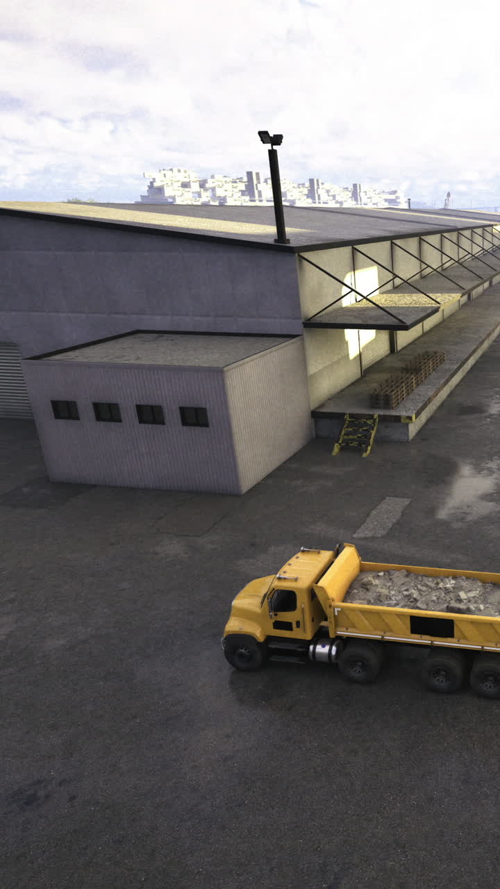 Truck unloads materials at warehouse in industrial area during daytime