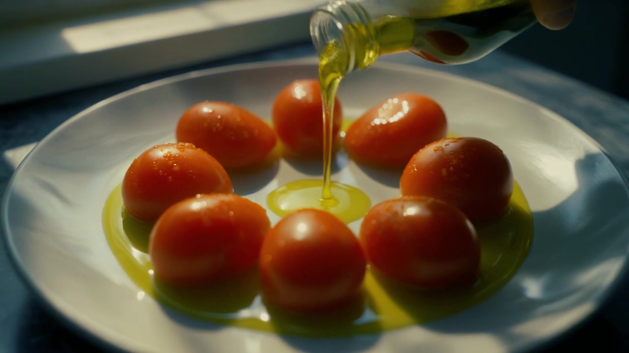 Versare olio d'oliva su pomodori freschi su un piatto