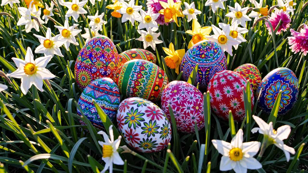 Uova di Pasqua colorate con motivi intricati immerse in un campo di margherite