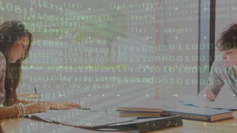 animation of binary code and programming language over caucasian students studying at desk