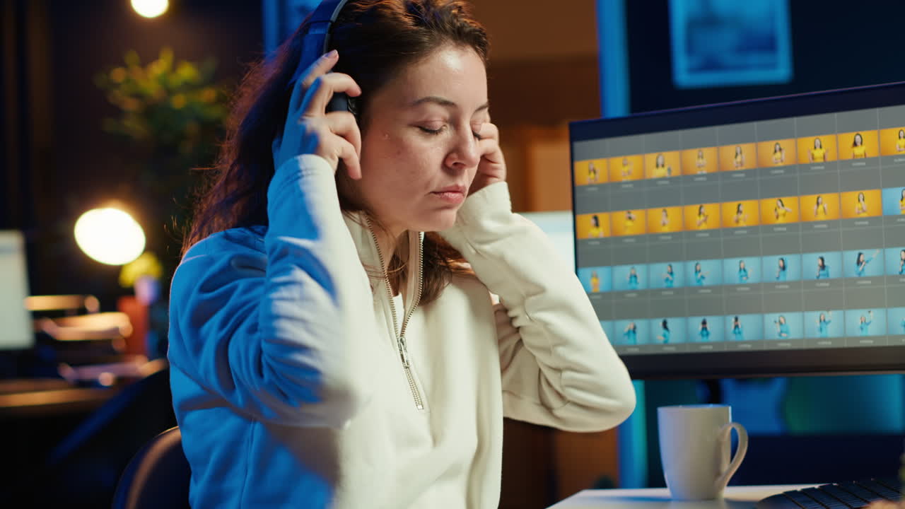 Freelancer editing images lighting and color balance, listening music