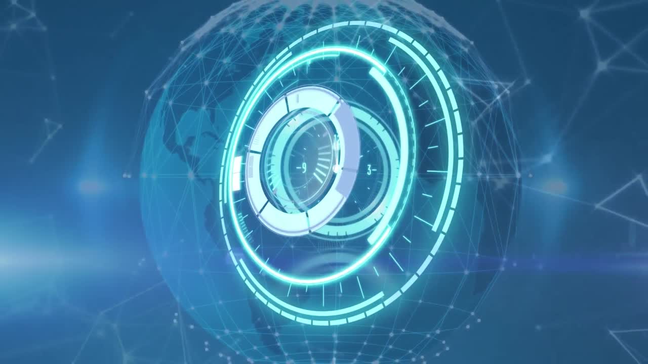 Animation of processing circle over network of connections and globe over blue background