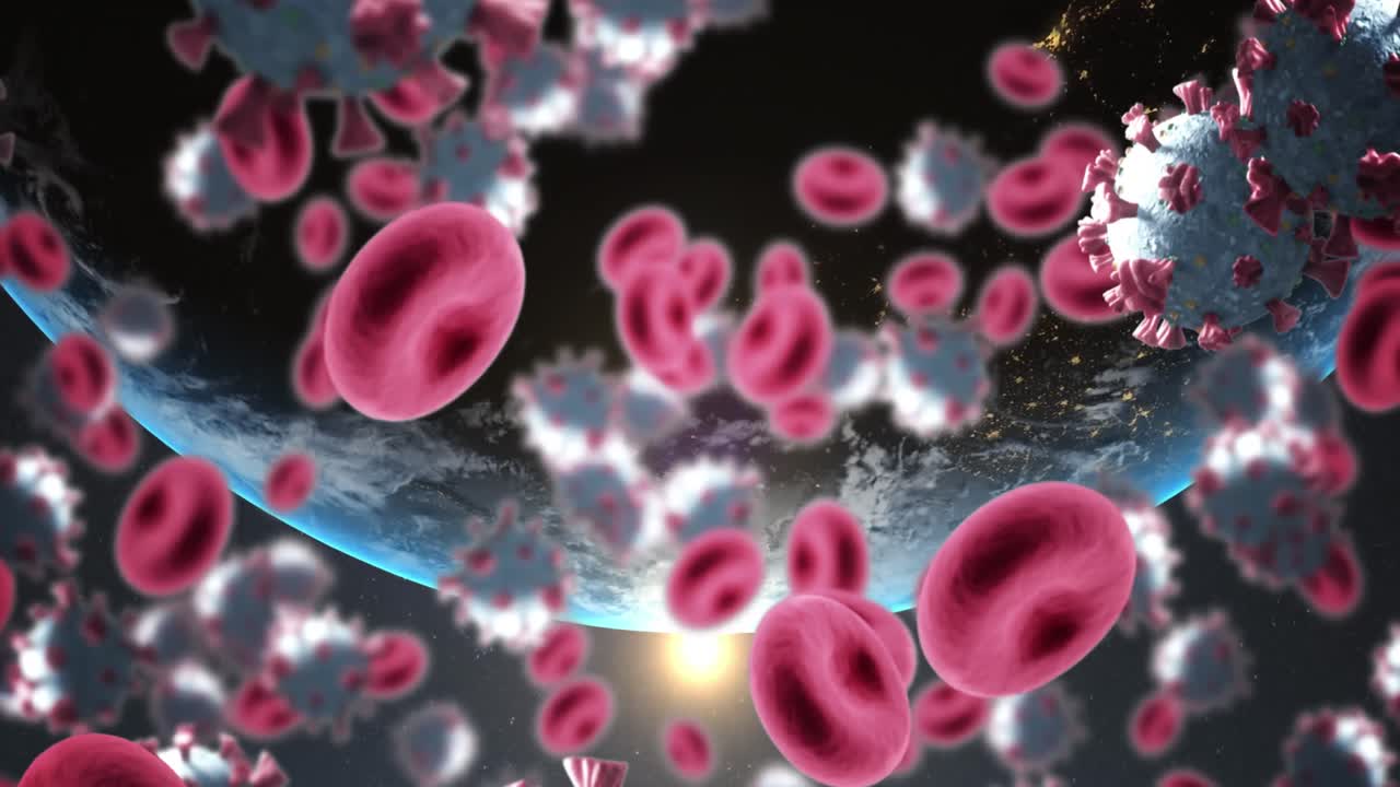 animación de covid 19 y glóbulos rojos flotando sobre el planeta tierra