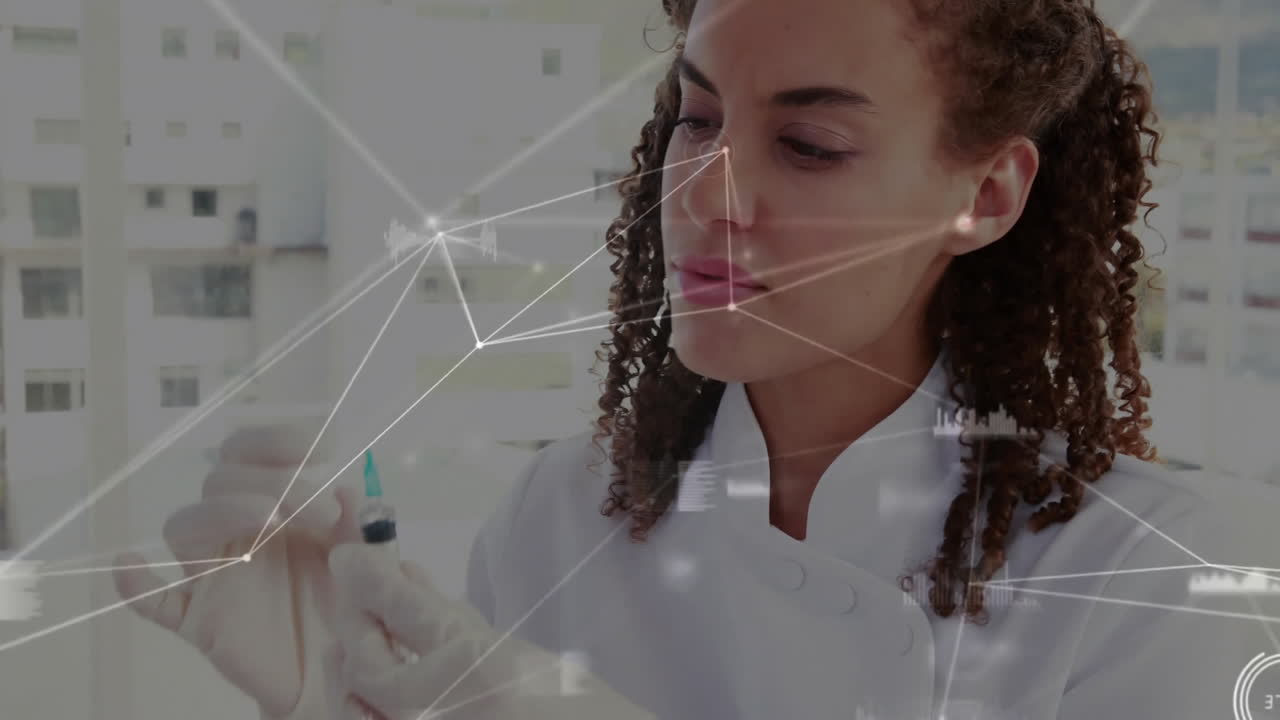 Animation of data processing over biracial female doctor with vaccine