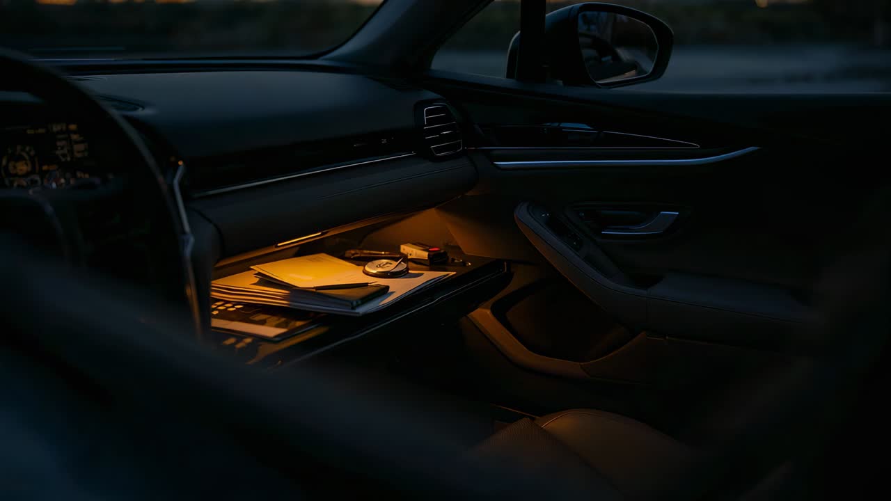 Glowing glove compartment revealing notebook, wristwatch, key fob and pen inside parked car at dusk