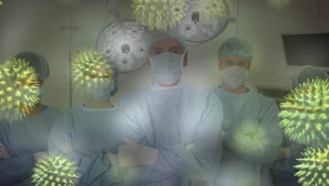 animation of spreading coronavirus covid19 with healthcare worker in background