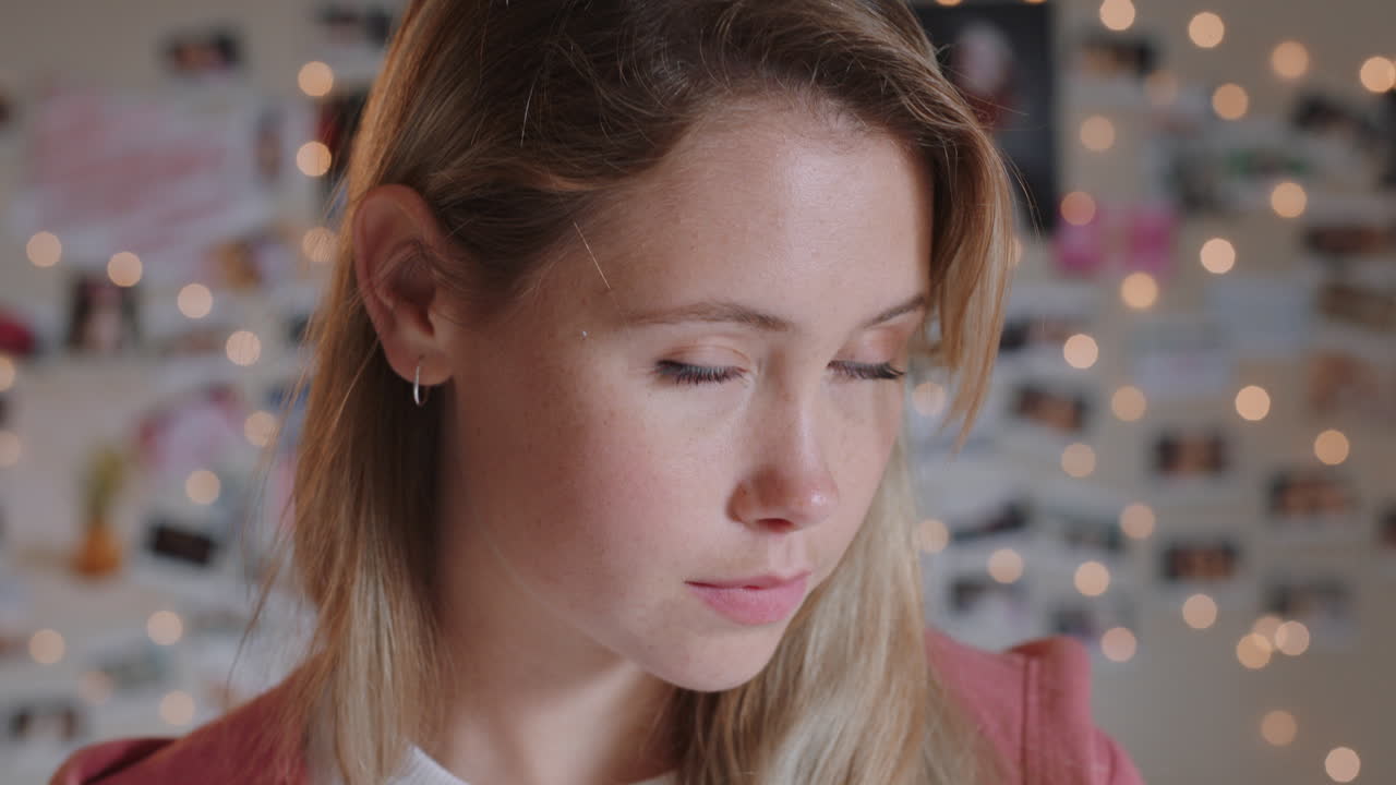 초상화 아름다운 십대 소녀 집에서 자신감 있는 십대 십대 자기 이미지 개념 4k 영상