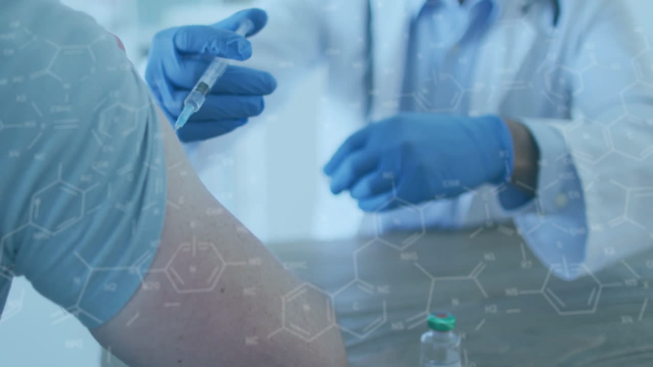 Animation of chemical formula over biracial male doctor with patient taking vaccine