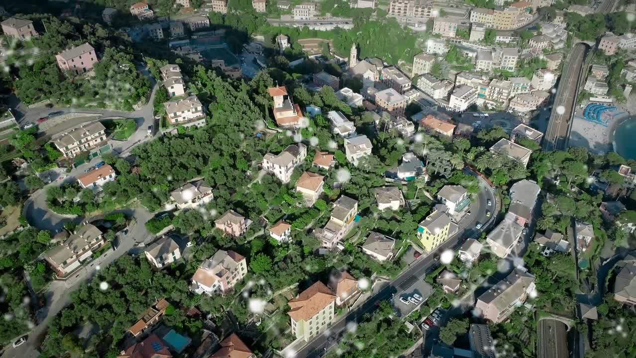 цифровой состав молекулярных структур, плавающих на фоне городского пейзажа.