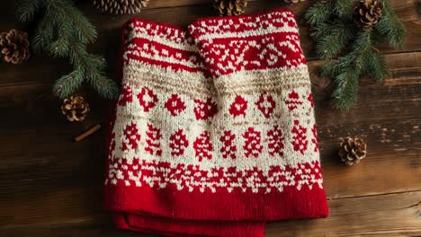 red and white knitted christmas scarf on wooden background