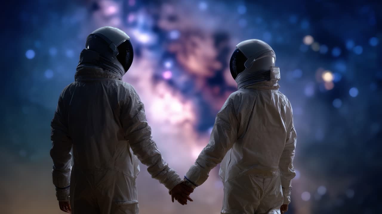 Dos astronautas se toman de la mano, contemplando el vasto universo lleno de colores vibrantes y maravillas celestiales, creando una escena de unidad y exploración en el espacio