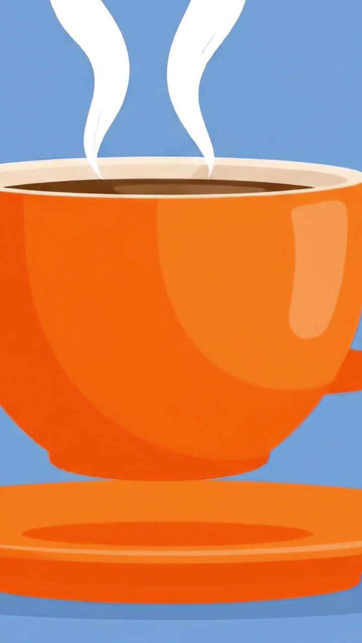 Tazza di caffè arancione calda e invitante con vapore che sale su uno sfondo blu brillante, che cattura perfettamente l'essenza dei rituali mattutini e dei momenti accoglienti.