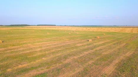 el dron vuela sobre un campo donde hay pajares con heno.