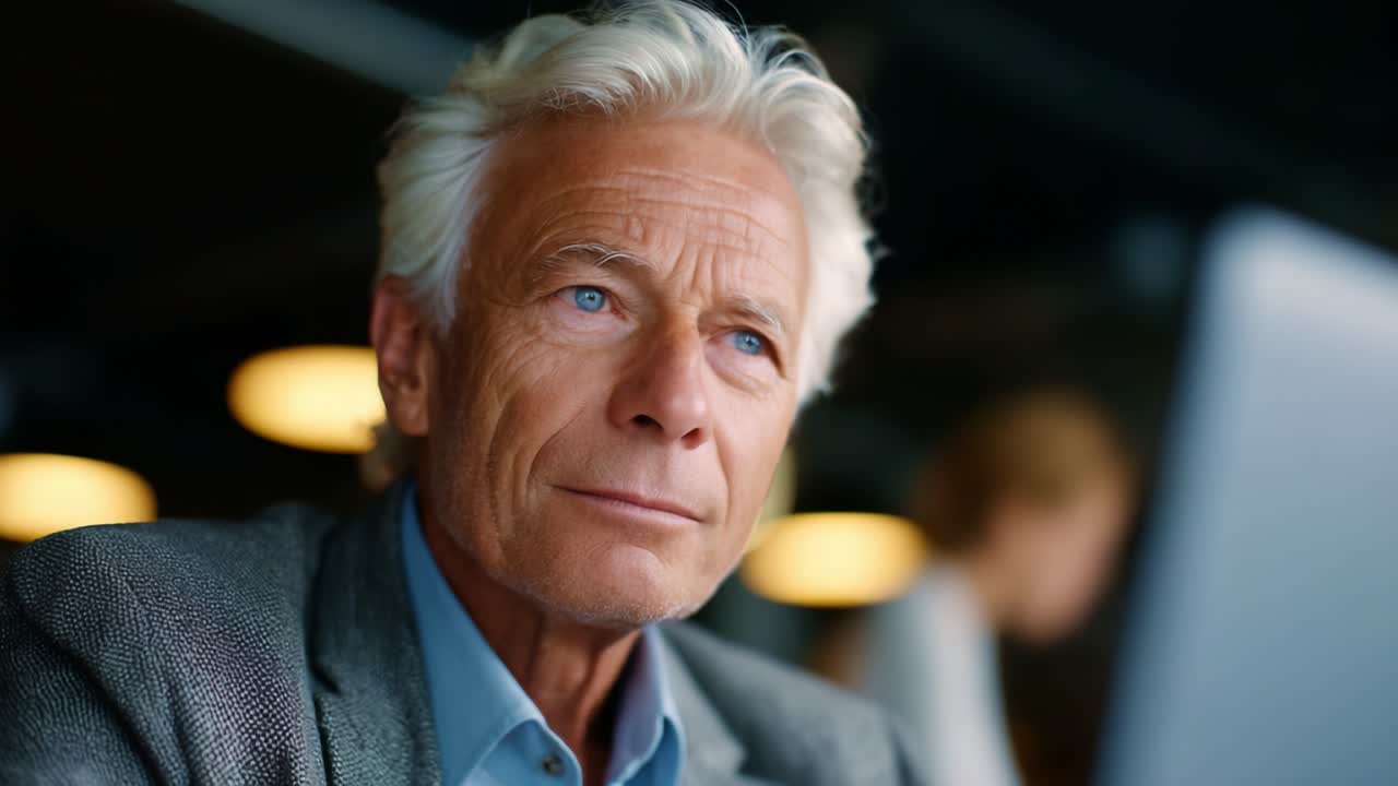 Pensive Expression of a Senior Man in a Modern Office Setting, Contemplating Life's Choices While Surrounded by Soft Lighting and Contemporary Design Elements