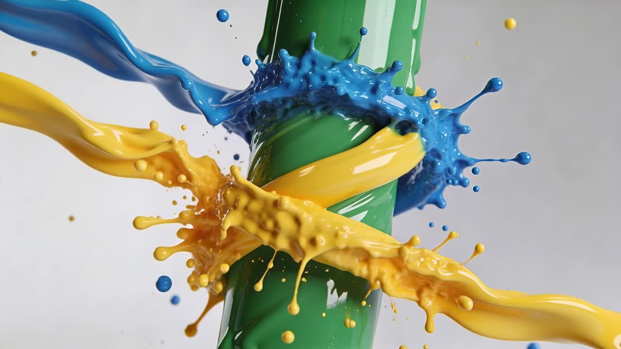 Rubans de peinture bleus et jaunes balayant, s'enroulant et s'entrechoquant autour d'un cylindre vert en studio, éclaboussant