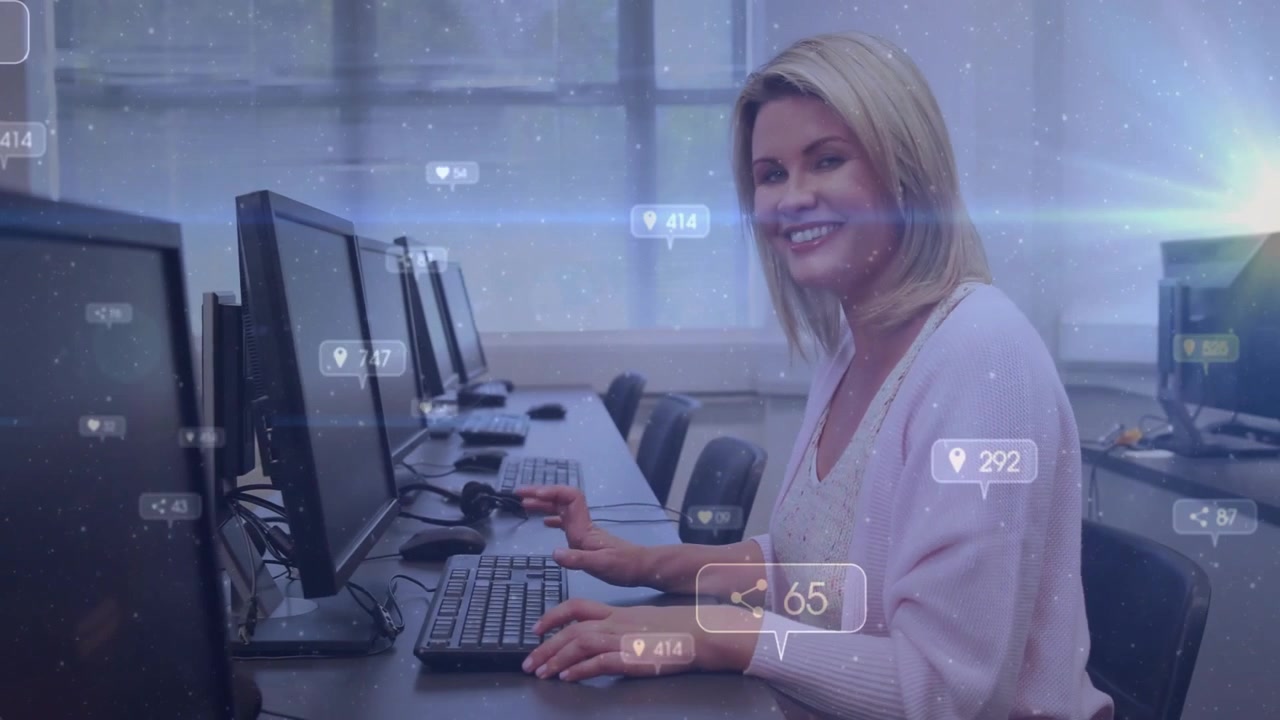 Woman Working on Computer with Social Media Analytics Overlay