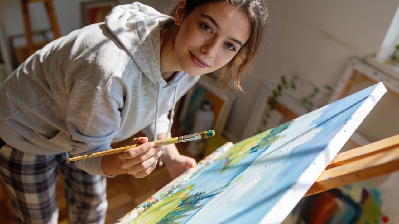 Stüdyo manzara tuvaline fırça ile turkuaz bir darbe ekleyen, kameraya göz atan, kapüşonlu ressam.