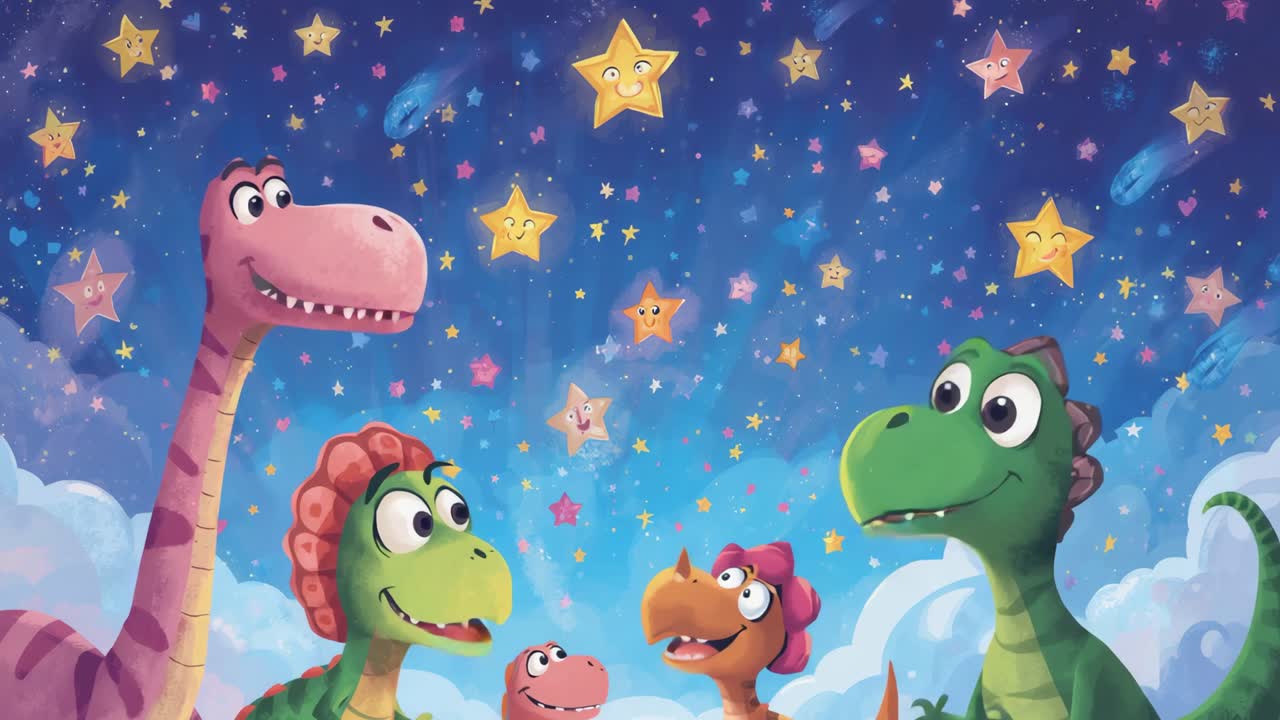 Cartoon Dinosaurs Under a Starry Sky
