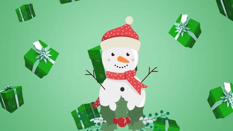 Animation-of-presents-and-snowman-falling-on-green-background