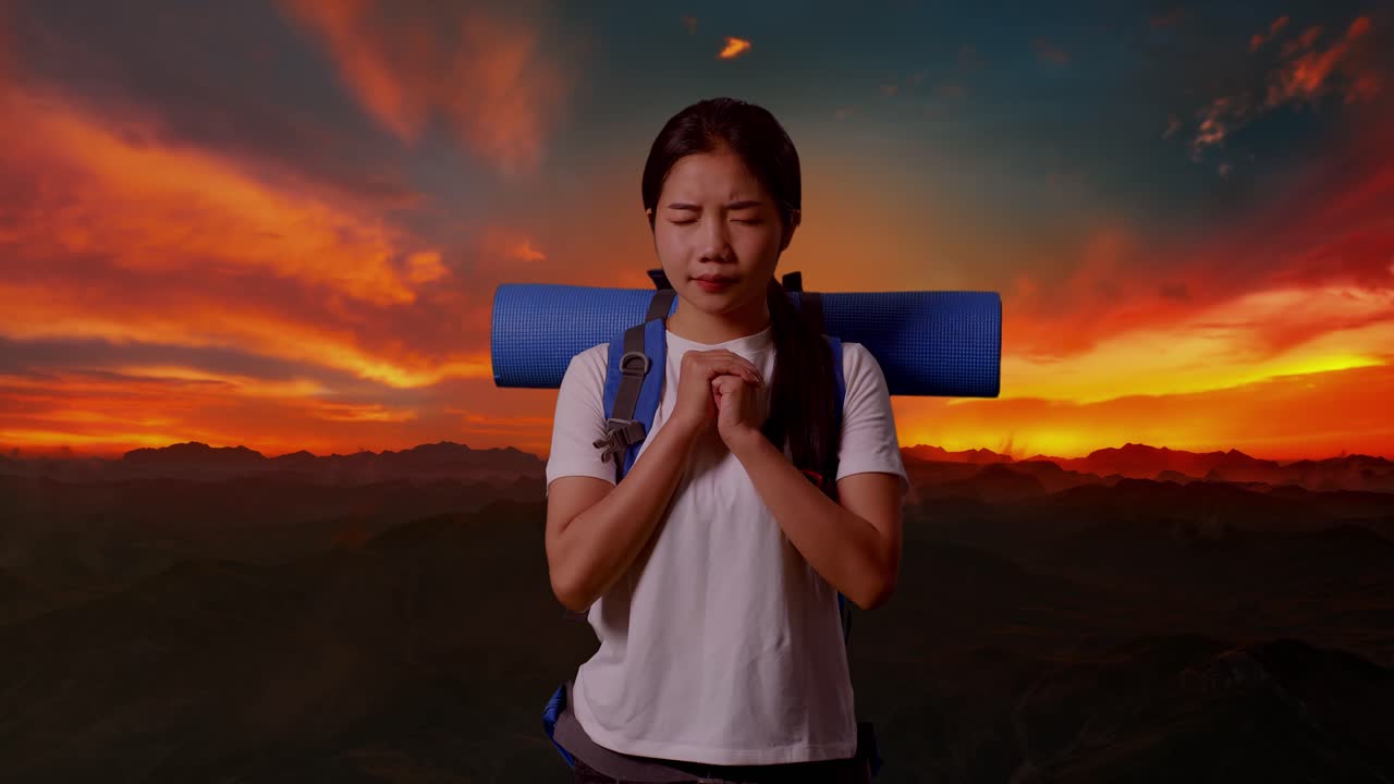 산에서 기도하는 여행자