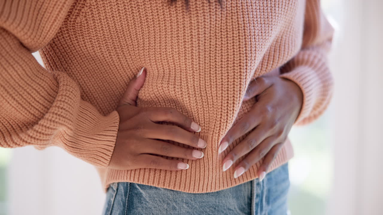 Sick woman, hands and stomach pain for health