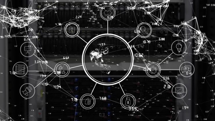 Animation of globe with icons over server room