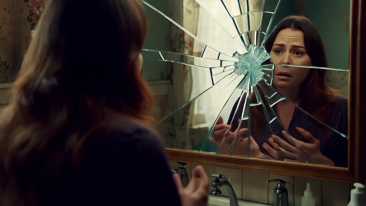 부러진 거울에서 그녀의 반사를 보는 여자