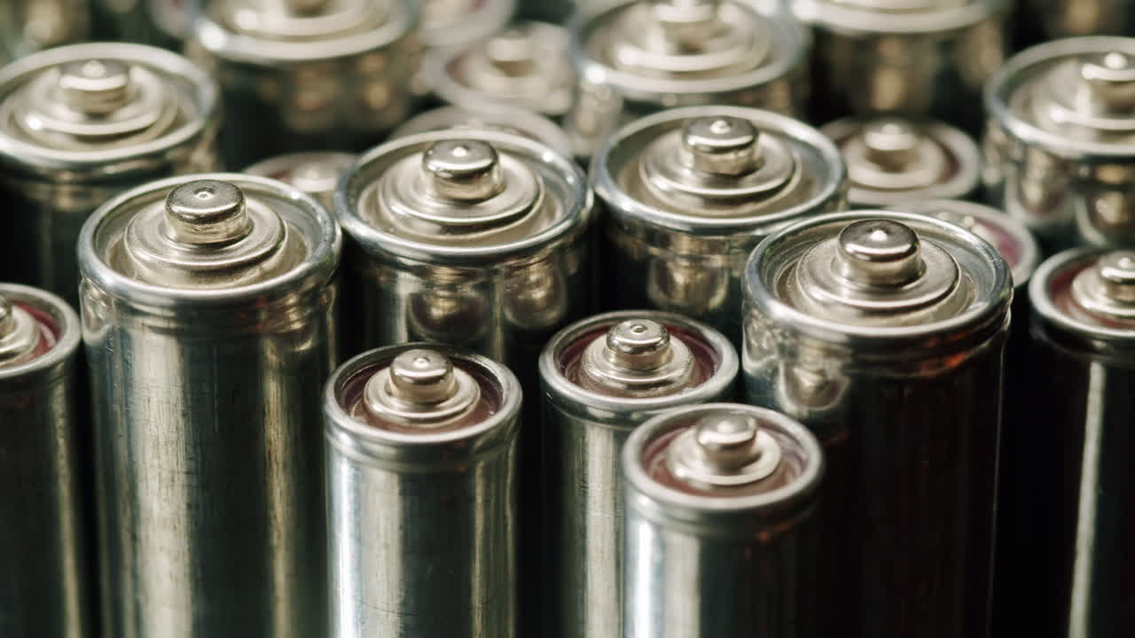 Silver batteries AA and AAA on black background close-up. Double-A battery is a standard size single cell cylindrical dry battery. Batteries are common in portable electronic devices. An AA battery is composed of a single electrochemical cell that may be either a primary battery or a rechargeable ba