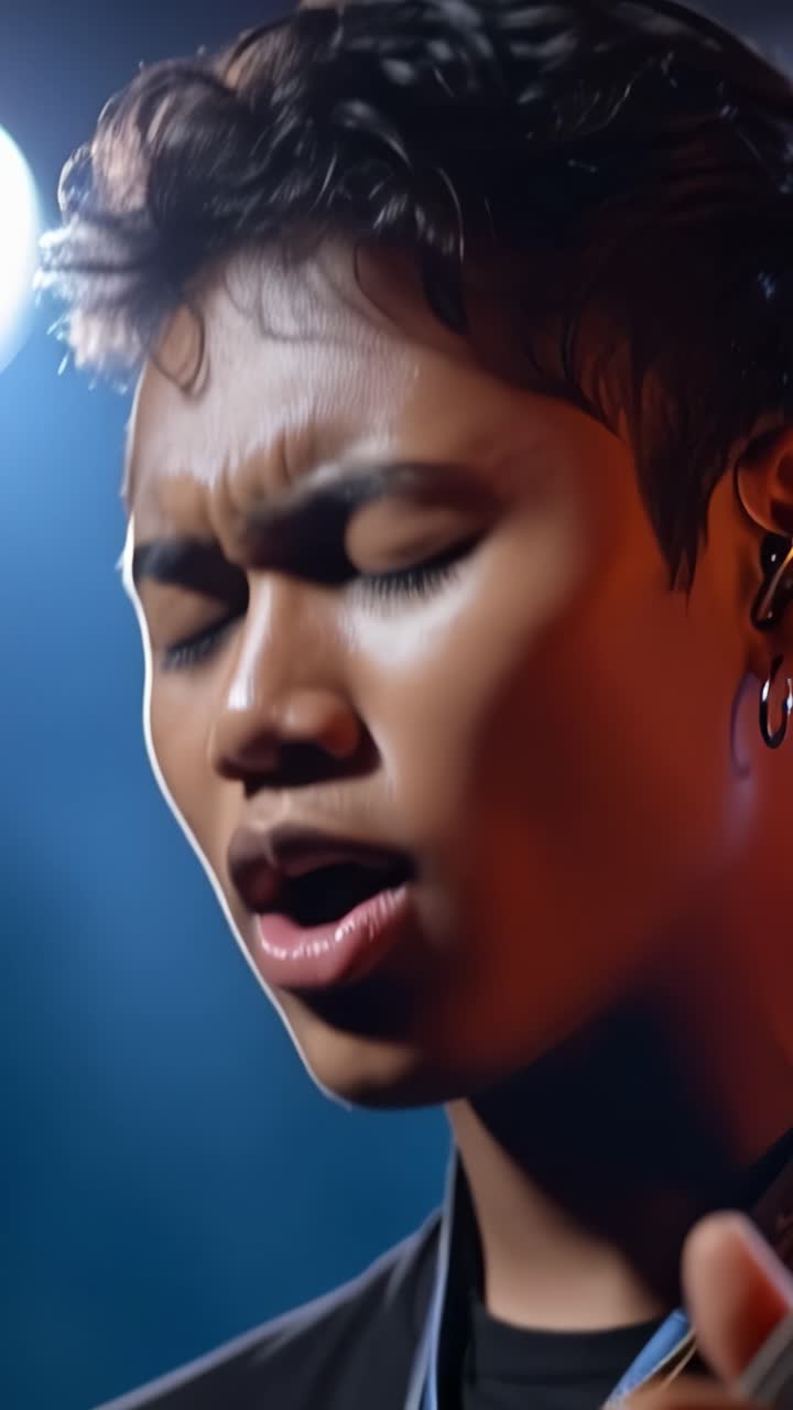 Musicista Espressivo Catturato nell'Emozione: Un Giovane Artista si Esibisce con Passione e Intensità sul Palco, Trasmettendo Sentimenti Profondi Attraverso Canto e Suono