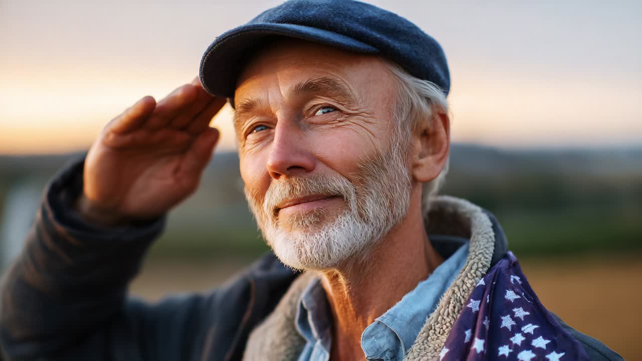 Capturing the Warm Expression of a Distinguished Elderly Man Saluting at Sunset in a Quiet Field, Highlighting His Gentle Smile and Thoughtful Attitude Towards Life's Moments