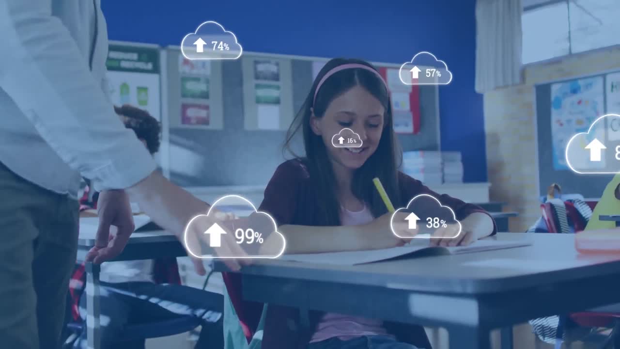 animación de iconos de nubes con números crecientes sobre un maestro que enseña a una niña en la escuela