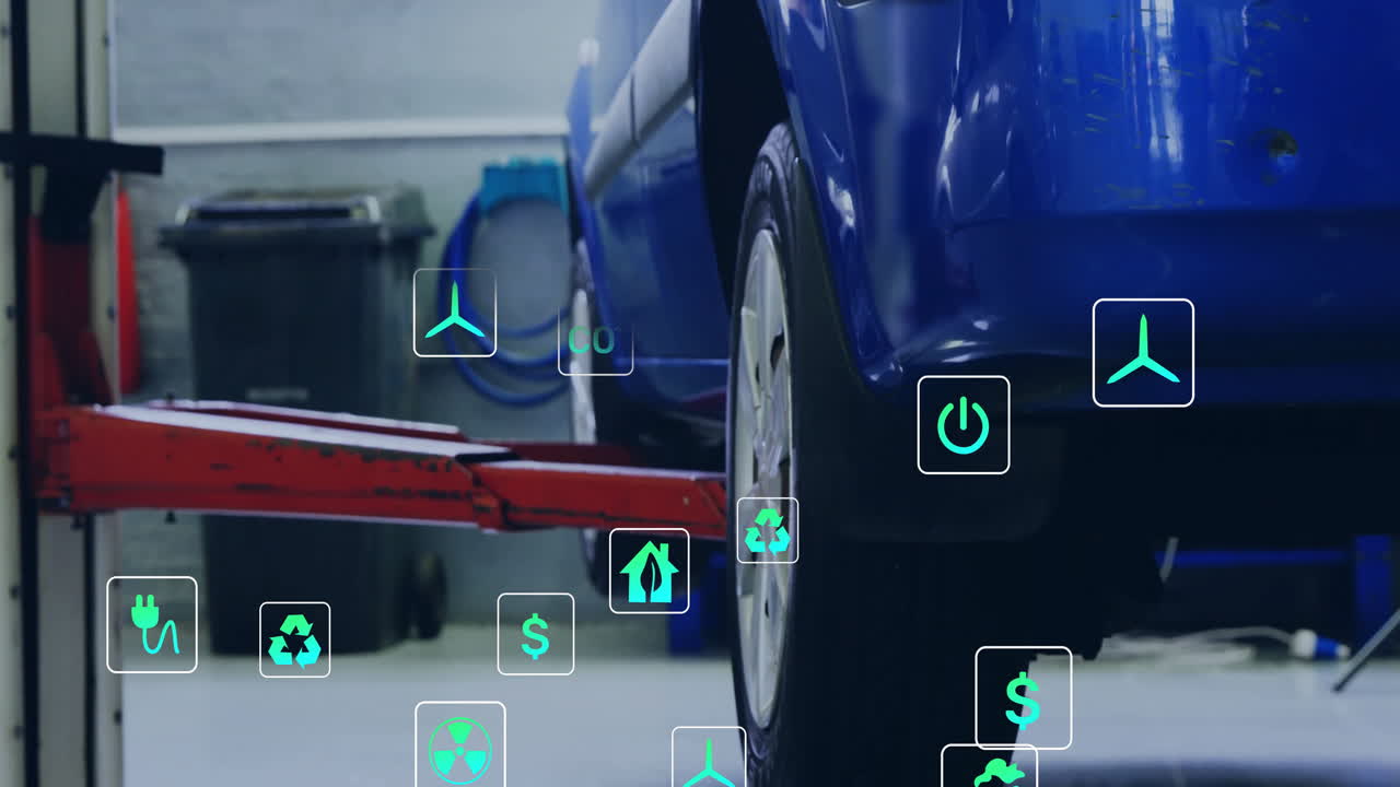 Blue sedan rear wheel being lifted inside garage, showing eco energy icons in flat design