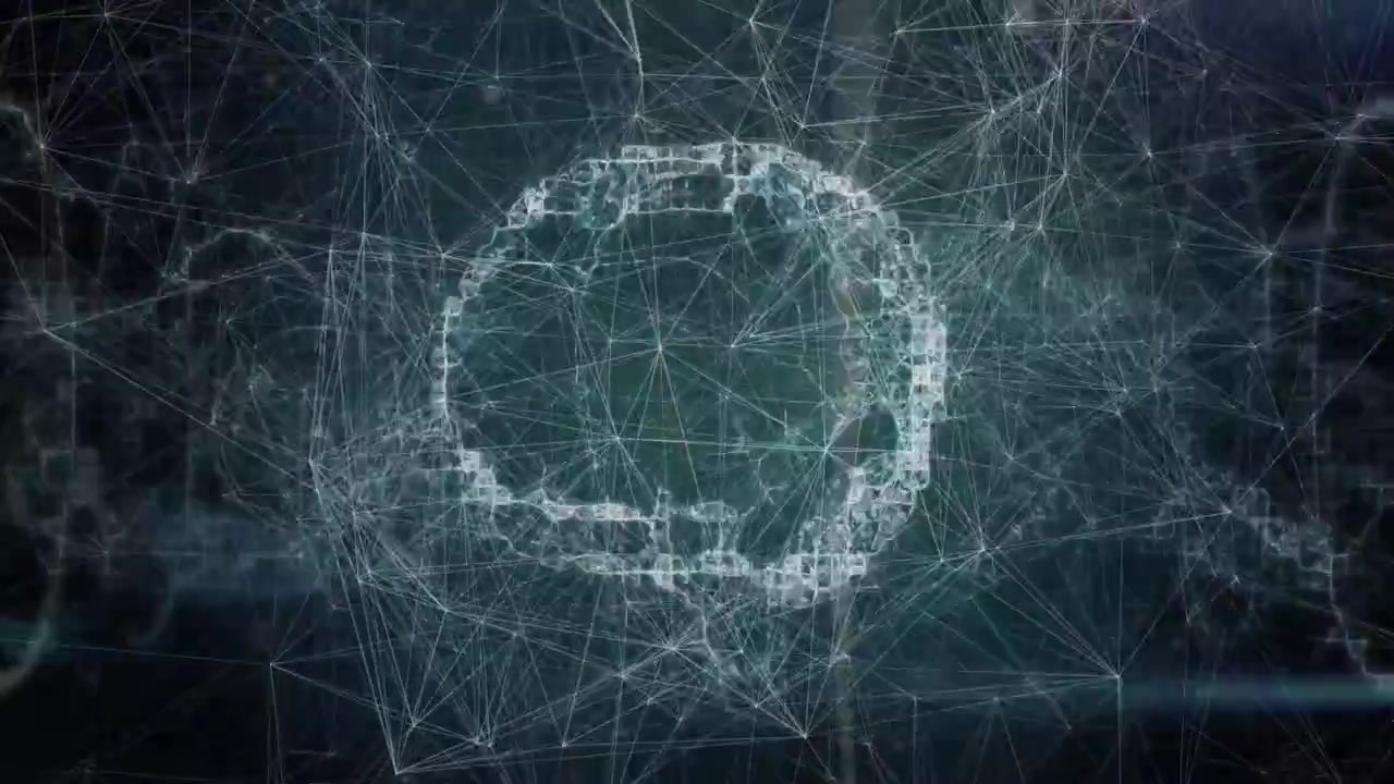 Dark grid initiating blue nodes connecting and forming wireframe brain mesh showing neural links