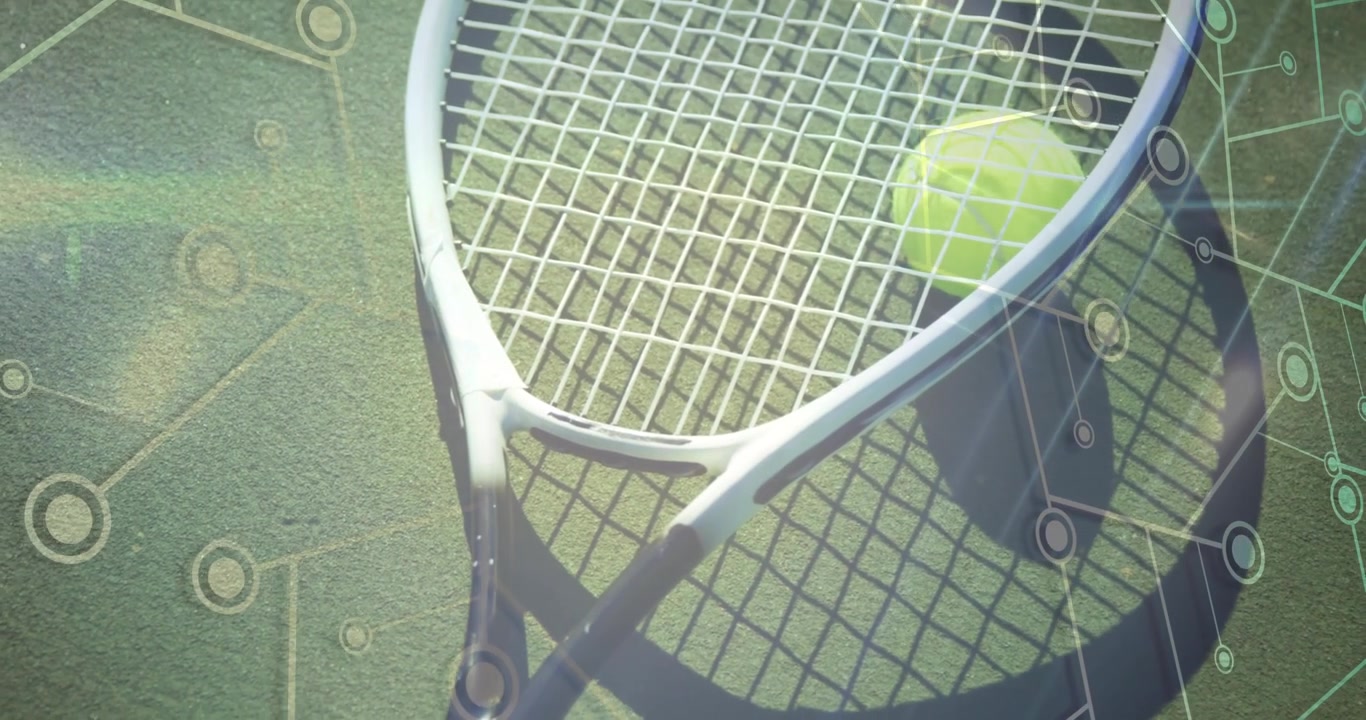racket rim and neon ball emerging initiating rotation, centering ball and racket over node overlay