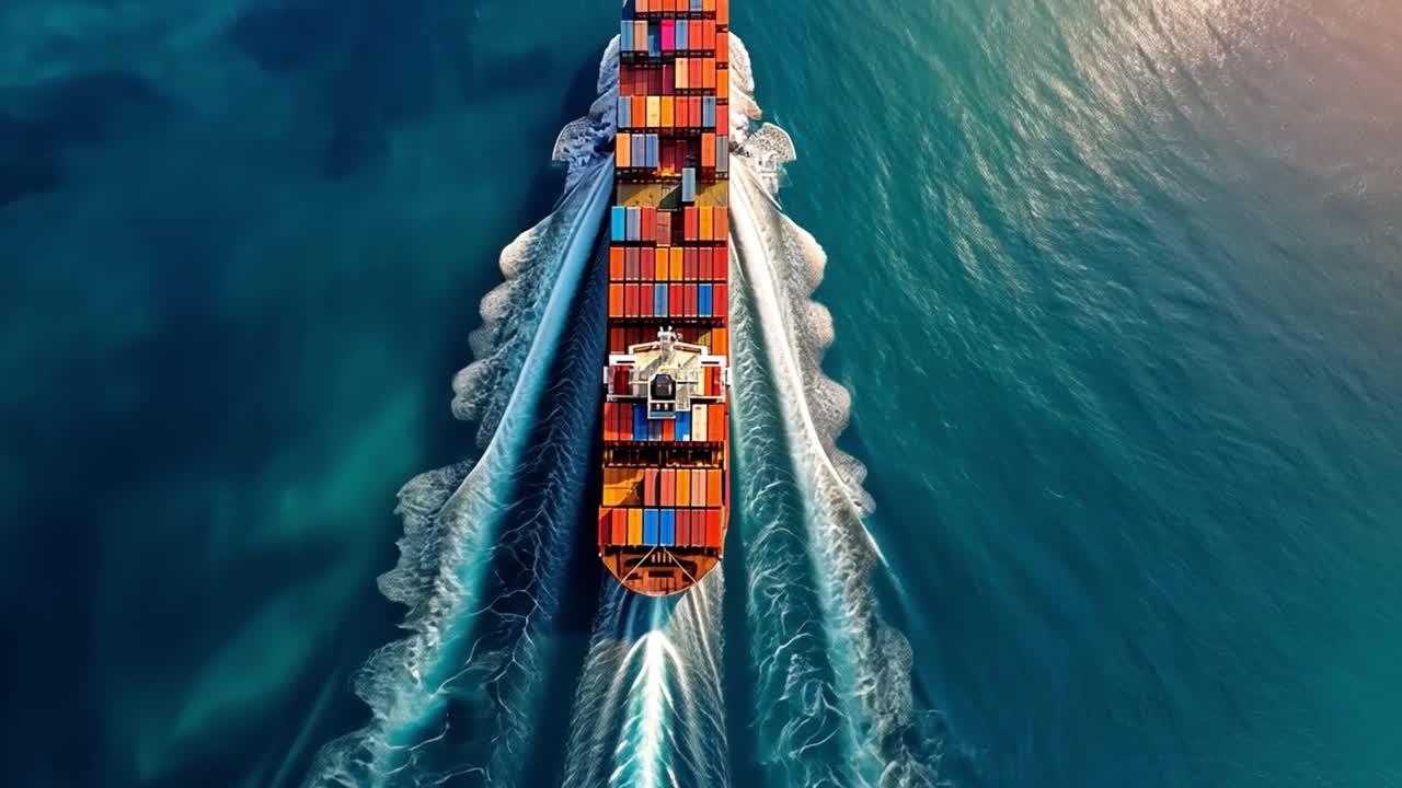 Aerial view of a large container ship sailing on the ocean