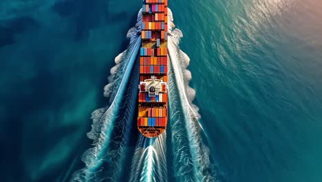 aerial view of a large container ship sailing on the ocean