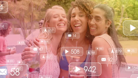 social media notifications animation over smiling friends enjoying outdoor gathering
