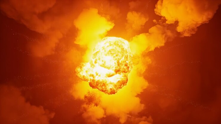 Flashing bright core initiating fireball expansion in sky, emitting ember trails and smoke plumes