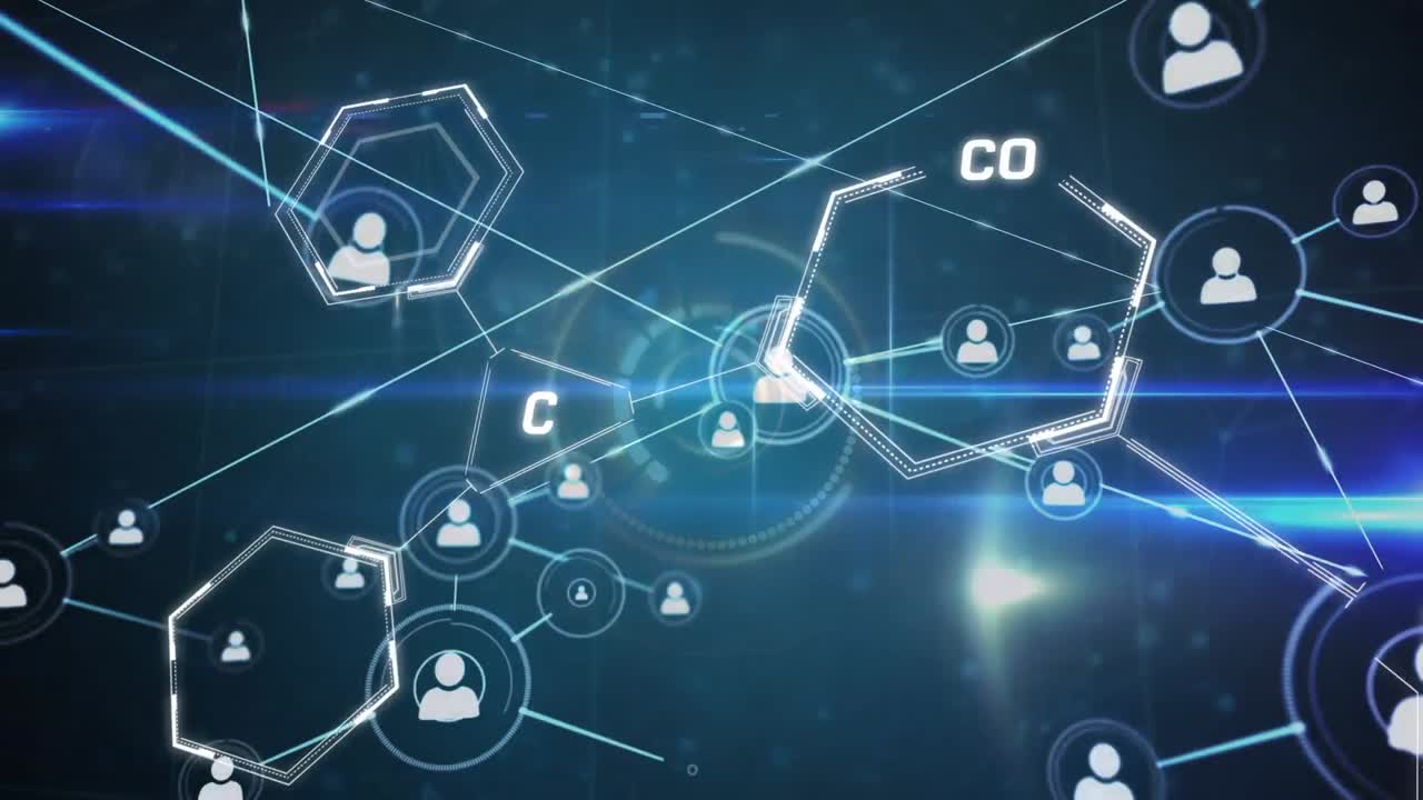 어두운 배경 위에 아이콘으로 연결 네트워크의 애니메이션