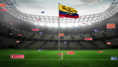 ecuadorian flag being animated at midfield, with floating subscribe like play buttons in 3d render