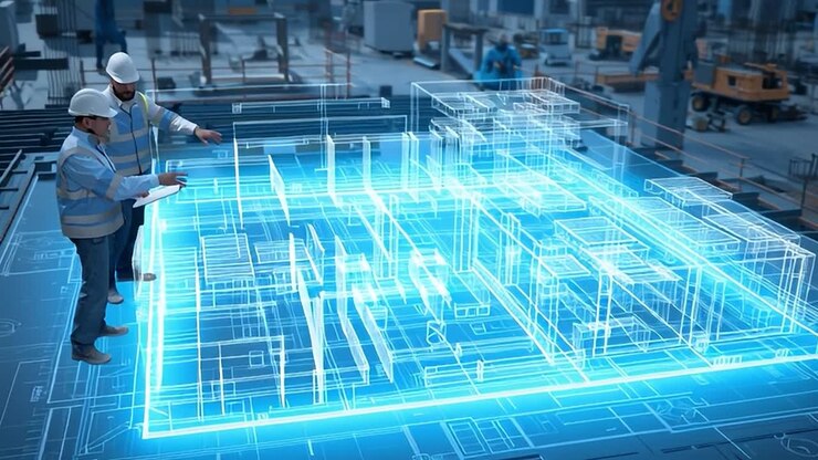 Engineers analyze digital blueprints on a construction site during the day