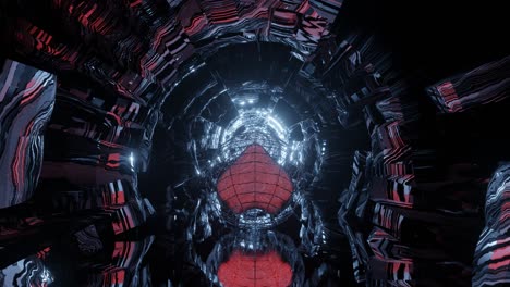 Motion-graphics-sci-fi:-travel-inside-futuristic-long-dark-shiny-reflective-metallic-round-tunnel-with-steel-caged-red-heart-floating-towards-bright-white-lights