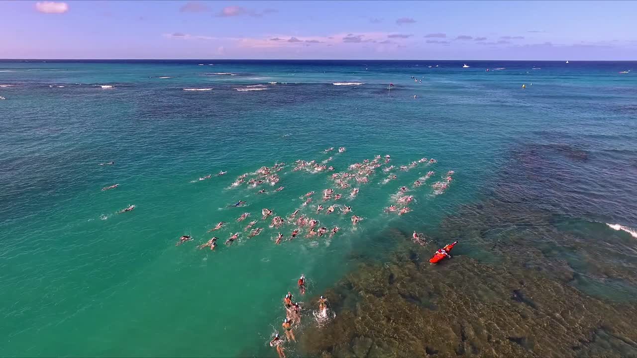vista aérea de nadadores compitiendo en aguas abiertas en waikiki