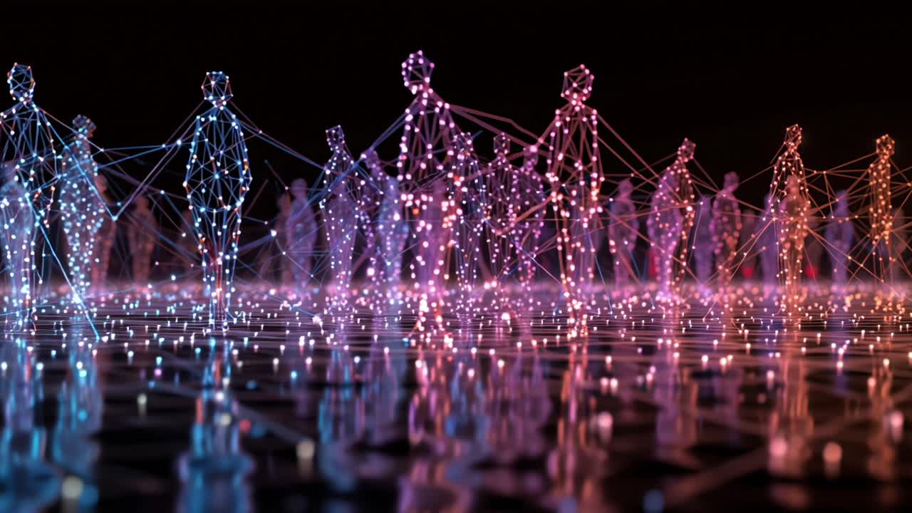 A Stunning Visualization of Interconnected Digital Beings in a Futuristic Ambient Setting, Featuring a Dynamic Display of Light and Energy Representing Human Connection and Data Interaction
