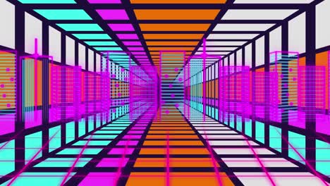 animation of moving, geometrical, colorful tunnel over cityscape